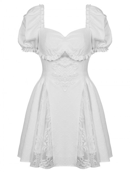 Dark in Love White Angel Gothic Embroidered Short Puff Sleeves Party ...