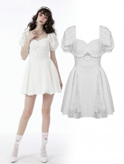 Dark in Love White Angel Gothic Embroidered Short Puff Sleeves Party Dress