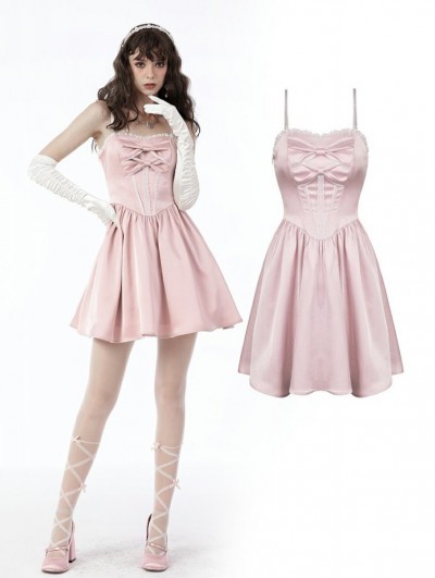 Dark in Love Pink Doll Sweet Bowknot Strap Short Dress