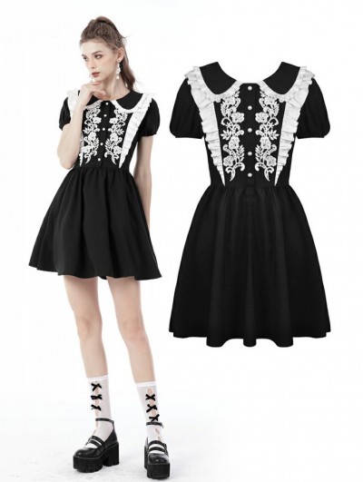 Dark in Love Black and White Cute Gothic Lace Doll Collar Short Dress