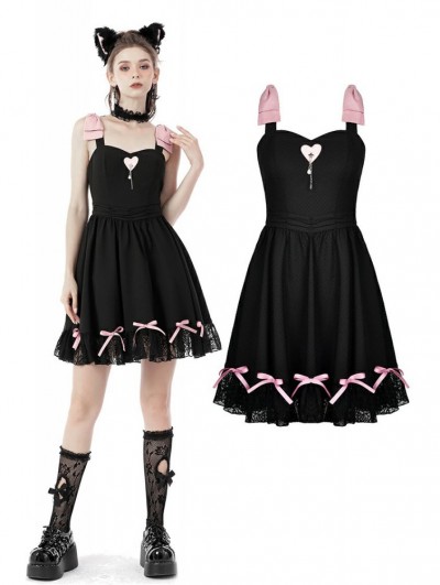 Dark in Love Black and Pink Bow Heart Gothic Lolita Sleeveless Rock Doll Dress