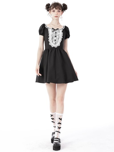 Dark in Love Black and White Gothic Lolita Skull Lace Daily Wear Short Dress