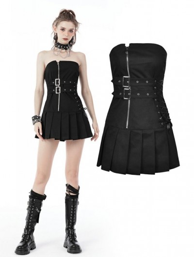 Dark in Love Black Gothic Punk Zipper Pleated Sexy Strapless Mini Dress