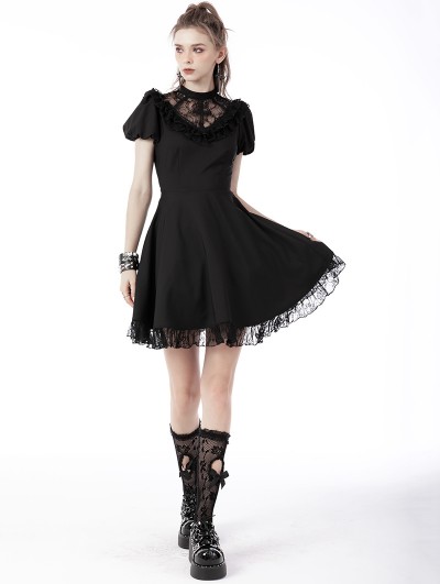 Dark in Love Black Gothic Death Cross Lace Neck Daily Wear Short Dress