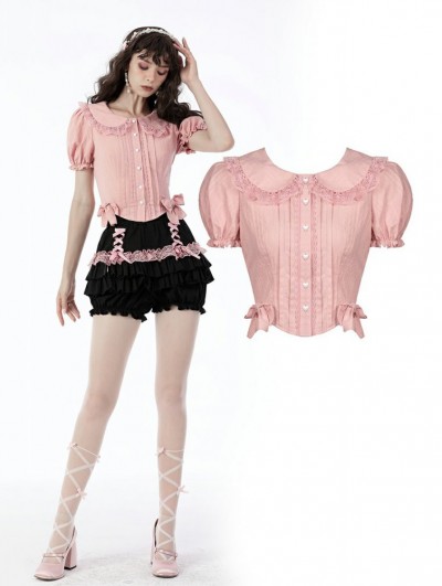 Dark in Love Pink Heart Button Doll Collar Short Sleeve Blouse for Women