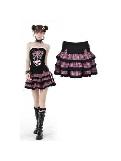 Dark in Love Black and Pink Plaid Gothic Magic Cat Layered Frilly Mini Skirt