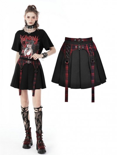 Dark in Love Black and Red Plaid Gothic Grunge Belt Pleated Short Skirt