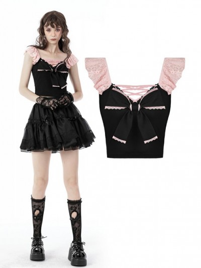 Dark in Love Pink and Black Gothic Lace Doll Bow Short Top for Women