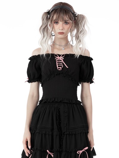 Dark in Love Black Gothic Doll Off-the-Shoulder Short Sleeve Top for Women