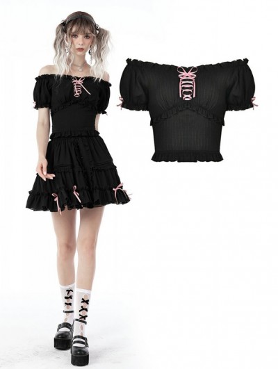 Dark in Love Black Gothic Doll Off-the-Shoulder Short Sleeve Top for Women