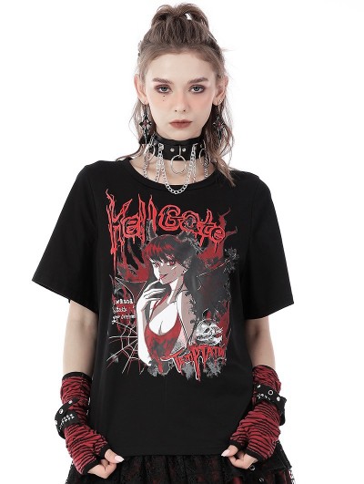 Dark in Love Black and Red Gothic Girl Daily Wear Baggy T-Shirt for Women
