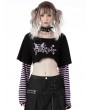 Dark in Love Black and Violet Cheshire Cat Pattern Stripe Sleeves Crop Top for Women