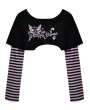 Dark in Love Black and Violet Cheshire Cat Pattern Stripe Sleeves Crop Top for Women