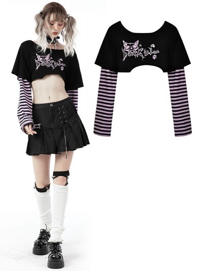 Dark in Love Black and Violet Cheshire Cat Pattern Stripe Sleeves Crop Top for Women