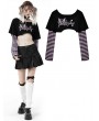 Dark in Love Black and Violet Cheshire Cat Pattern Stripe Sleeves Crop Top for Women