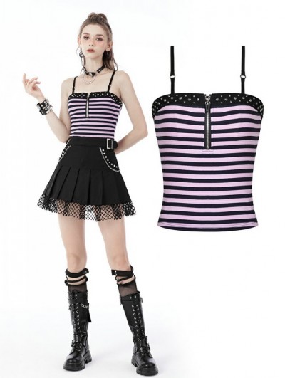 Dark in Love Black and Violet Stripe Gothic Punk Rock Studded Top for Women
