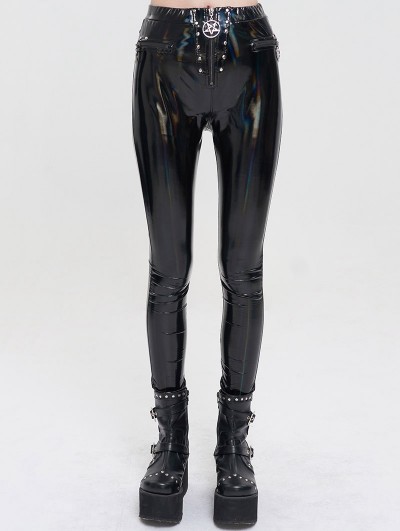 Devil Fashion Black Gothic Punk Long Slim PU Leather Pants for Women