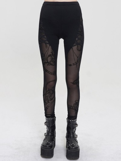 Devil Fashion Black Sexy Gothic Patterned Semi-Transparent Skinny Leggings for Women