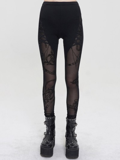 Devil Fashion Black Sexy Gothic Patterned Semi-Transparent Skinny Leggings  for Women 