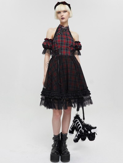 Devil Fashion Black and Red Plaid Gothic Chinese Cheongsam Style Lace Frilly Short Dress