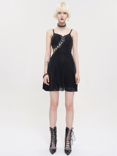 Devil Fashion Black Gothic Punk Sexy Hollow Out Lace Up Short Strap Dress