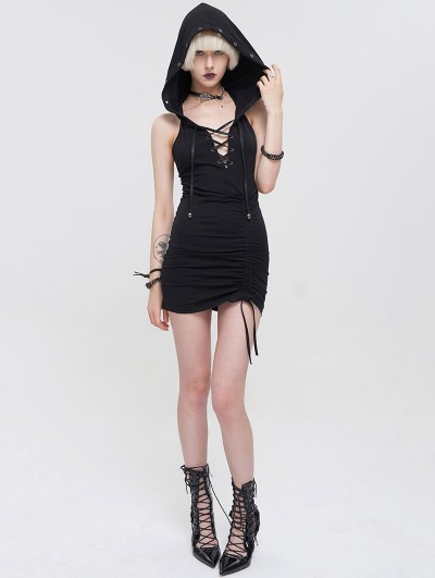 Devil Fashion Black Gothic Punk Skull Drawstring Sexy Hooded Bodycon Dress