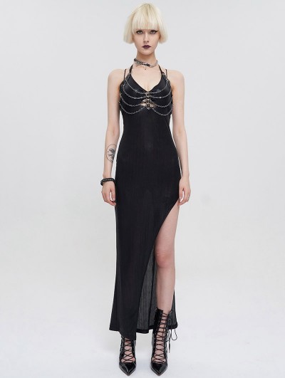 Devil Fashion Black Gothic Punk Layered Chain Sexy High Slit Halter Long Dress