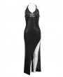 Devil Fashion Black Gothic Punk Layered Chain Sexy High Slit Halter Long Dress