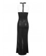 Devil Fashion Black Gothic Punk Layered Chain Sexy High Slit Halter Long Dress