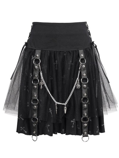 Devil Fashion Black and Gray Cross Pattern Gothic Chain Belt Short Skirt