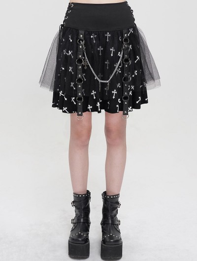 Devil Fashion Black and White Cross Pattern Gothic Chain Belt Short Skirt