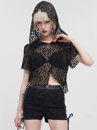 Devil Fashion Black Gothic Punk Short Sleeve Net Hooded Top for Women