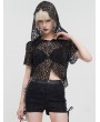 Devil Fashion Black Gothic Punk Short Sleeve Net Hooded Top for Women