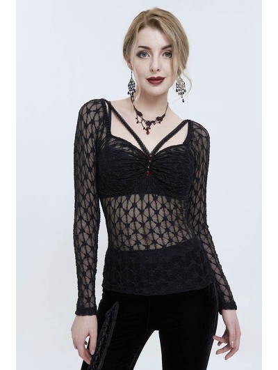 Devil Fashion Black Sexy Gothic Lace Transparent Slim Fit Long Sleeve Top for Women