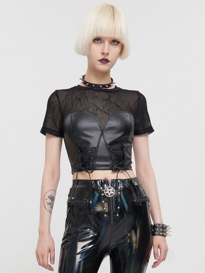 Devil Fashion Black Sexy Gothic Punk PU Leather Bustier Crop Short Top for Women