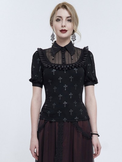 Devil Fashion Black and Gray Cross Pattern Gothic Ruffled Neck Short Sleeve Shirt for Women