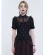 Devil Fashion Black and Gray Cross Pattern Gothic Ruffled Neck Short Sleeve Shirt for Women