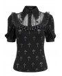 Devil Fashion Black and Gray Cross Pattern Gothic Ruffled Neck Short Sleeve Shirt for Women