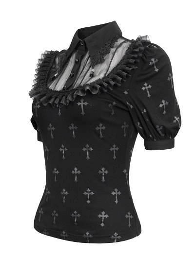 Devil Fashion Black and Gray Cross Pattern Gothic Ruffled