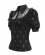 Devil Fashion Black and Gray Cross Pattern Gothic Ruffled Neck Short Sleeve Shirt for Women