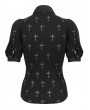 Devil Fashion Black and Gray Cross Pattern Gothic Ruffled Neck Short Sleeve Shirt for Women