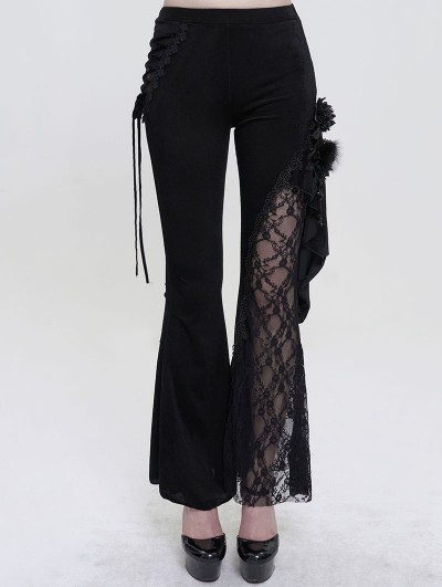 Eva Lady Black Gothic Vintage Lace Flower Long Flared Trousers for