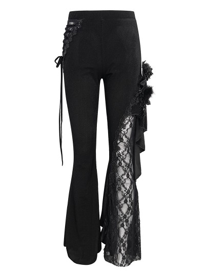 Eva Lady Black Gothic Vintage Lace Flower Long Flared Trousers for