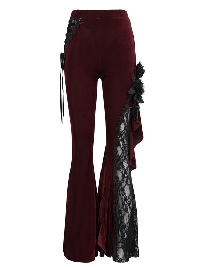 Eva Lady Wine Red Gothic Vintage Lace Flower Long Flared Trousers