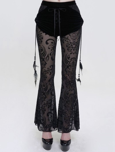Eva Lady Black Gothic Sexy Casual Feather Long Velvet Flare Pants for Women