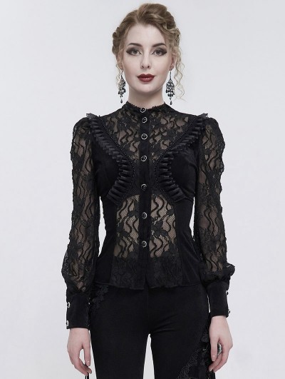 Eva Lady Black Sexy Gothic Lace Velvet Ruffle Long Sleeve Shirt for Women