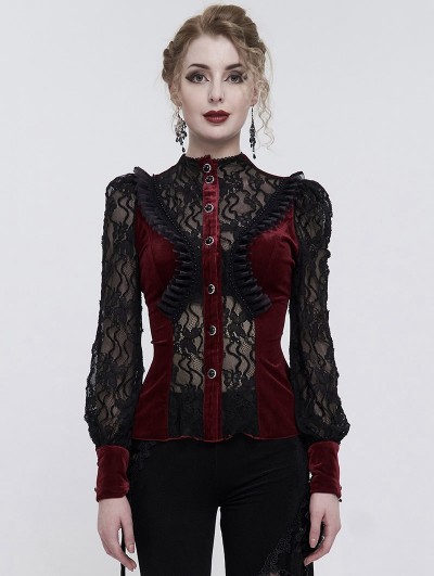 Eva Lady Wine Red Sexy Gothic Lace Velvet Ruffle Long Sleeve Shirt for Women