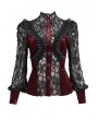 Eva Lady Wine Red Sexy Gothic Lace Velvet Ruffle Long Sleeve Shirt for Women