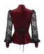 Eva Lady Wine Red Sexy Gothic Lace Velvet Ruffle Long Sleeve Shirt for Women