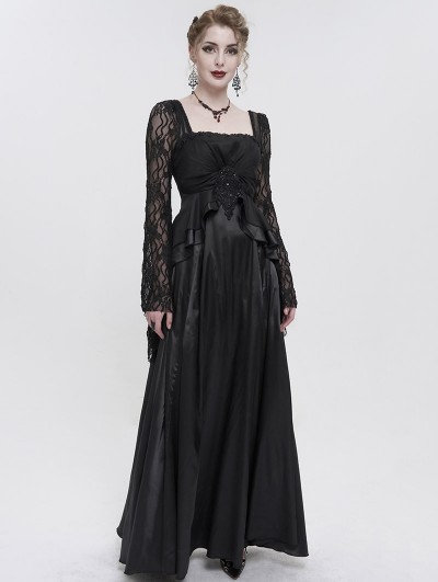 Eva Lady Black Elegant Gothic Retro Lace Appliqued Long Party Dress